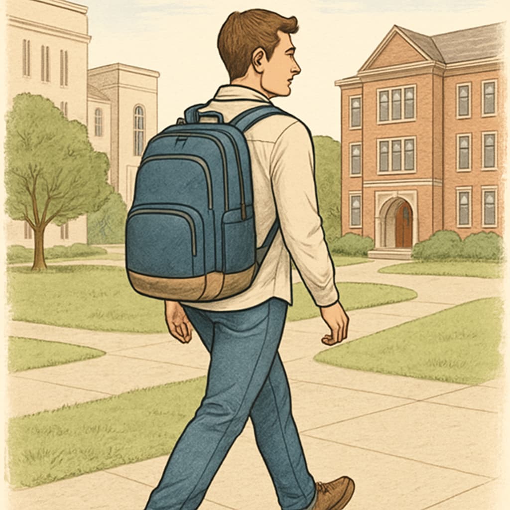 A college student walking through campus with a durable and stylish backpack. College student with affordable and spacious backpack.