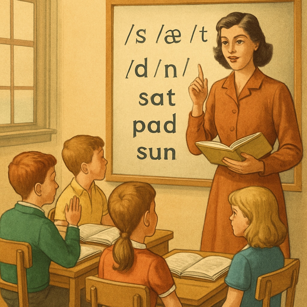 A vintage classroom scene showing children learning with ITA phonetic symbols, emphasizing the method's focus on early literacy. Classroom teaching ITA phonetic symbols to children, highlighting literacy education.