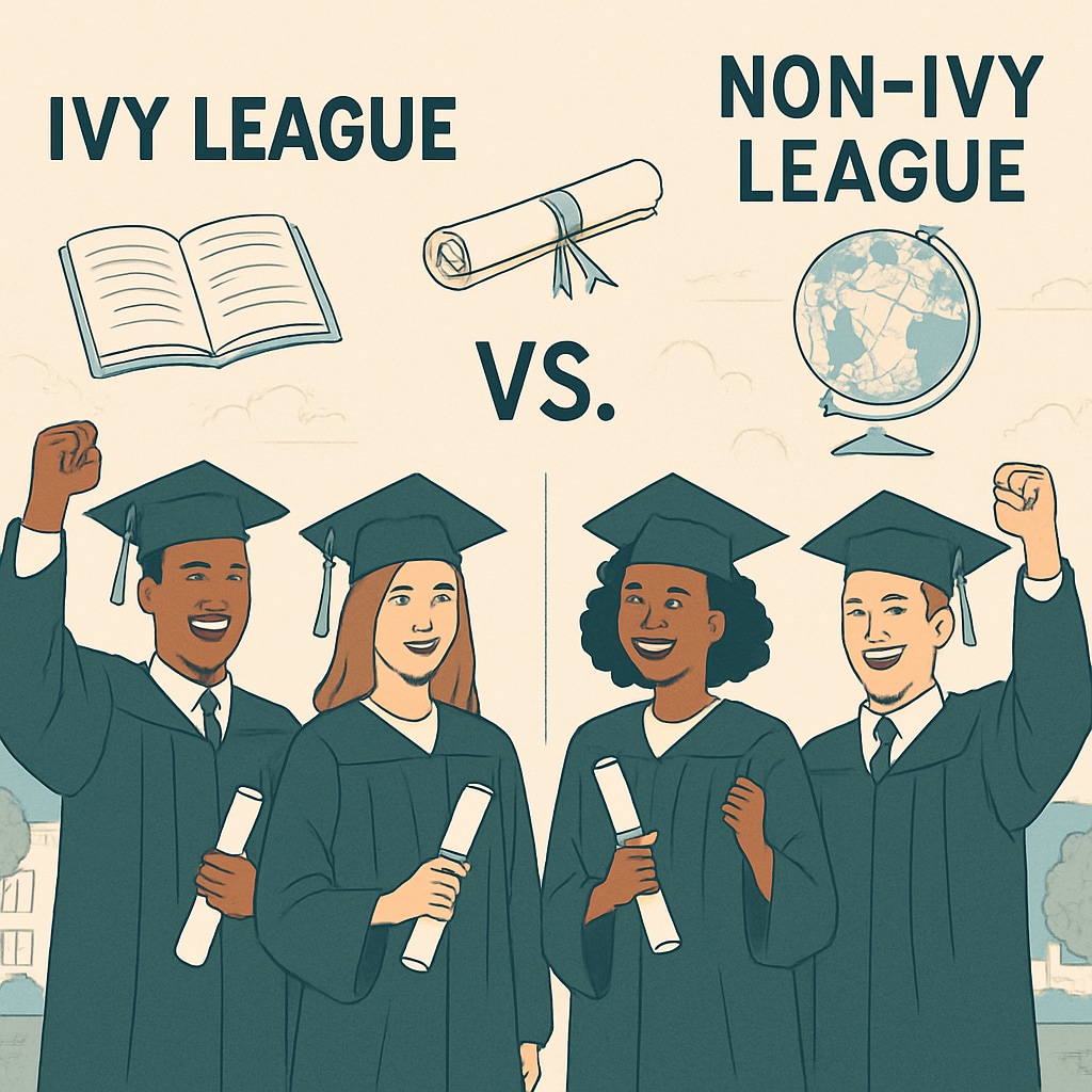 A diverse group of college graduates in caps and gowns, symbolizing the debate on career outcomes for Ivy League vs. non-Ivy League students. College graduates debating Ivy League and non-Ivy League career outcomes.