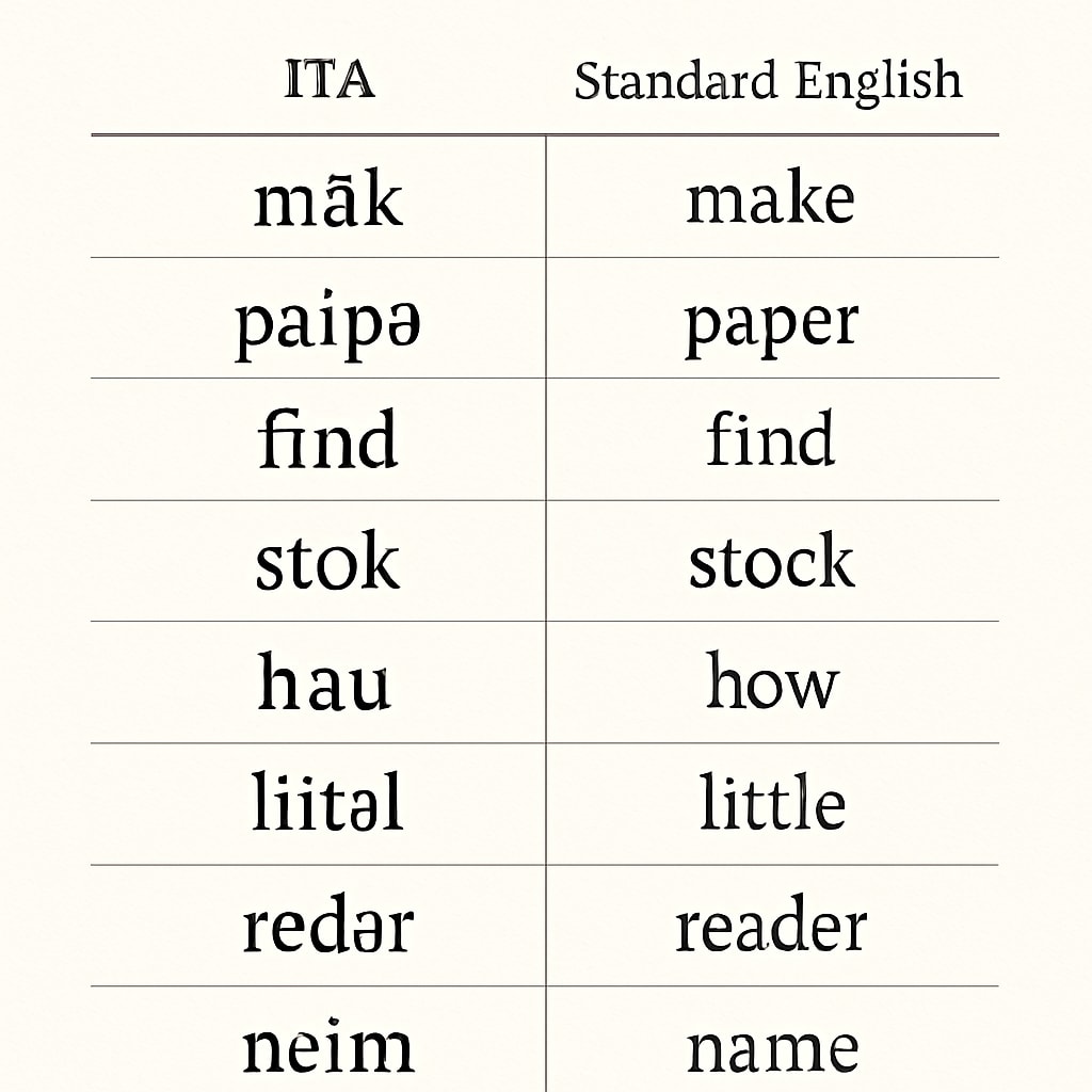 A comparison chart depicting phonetic spellings used in ITA alongside standard English spellings, illustrating the challenges of transitioning between systems. ITA versus standard English spelling comparison chart.
