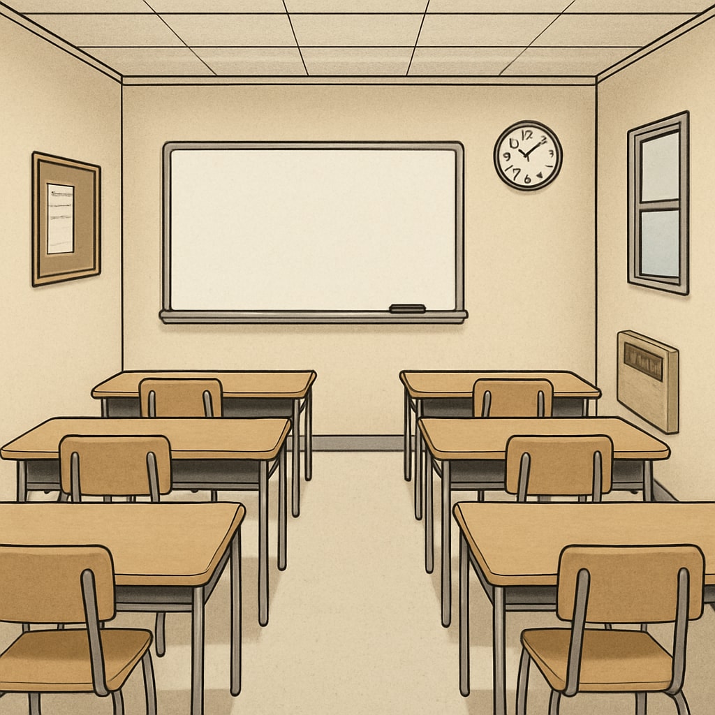 Temporary school classroom with reduced space and limited facilities.