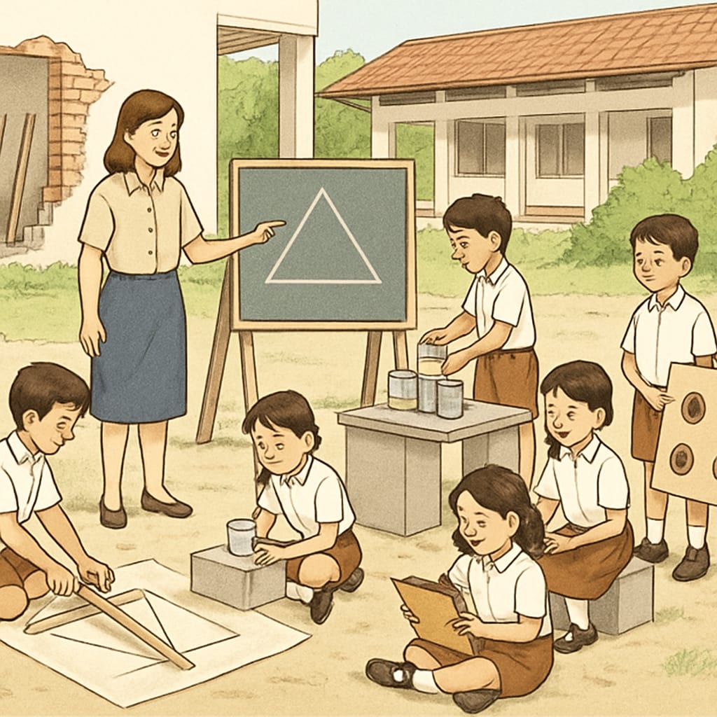 Outdoor learning activity for primary school students during campus renovations.