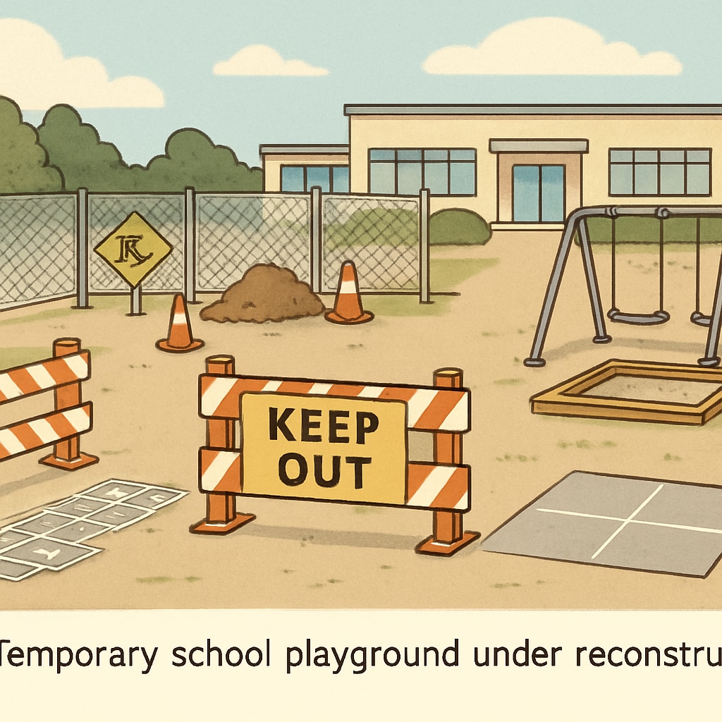 Temporary school playground with limited facilities during reconstruction.