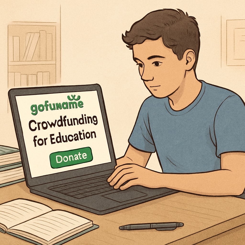 A young college student working on a laptop, with a GoFundMe page open on the screen. The image emphasizes the role of crowdfunding in education. College student using GoFundMe to fund tuition and medical school application costs.