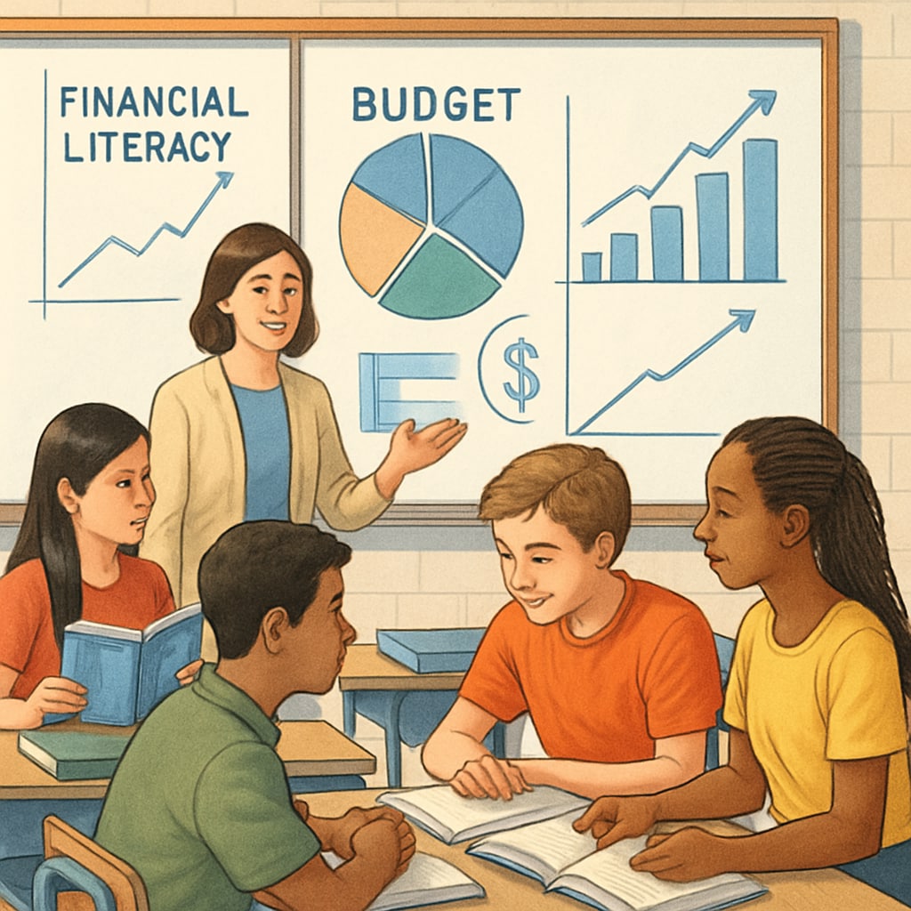 A high school classroom where students are participating in a financial literacy workshop. The image reflects the need for early financial education in K-12 schools. High school students in a financial literacy workshop preparing for college costs.
