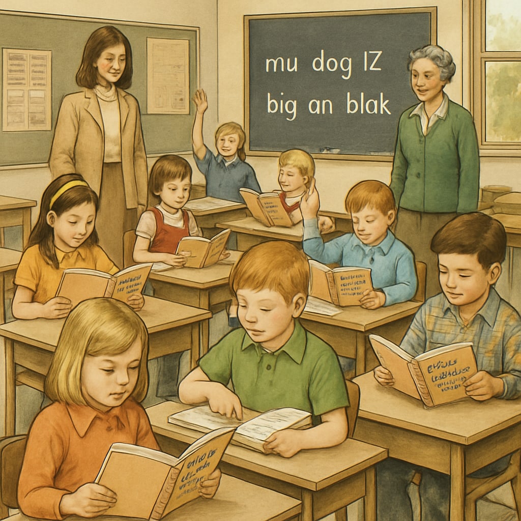 A classroom in the 1970s where children are using ITA-based reading materials. This image illustrates the widespread adoption of the teaching method during the era. Children in a 1970s classroom using Initial Teaching Alphabet materials.
