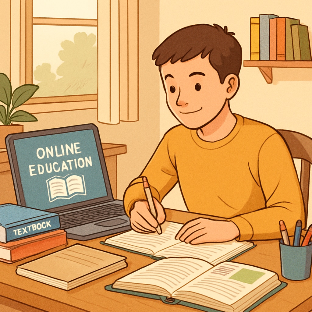 A motivated high school student studying with online learning materials at home to enhance their academic skills. High school student using online learning materials for academic growth.