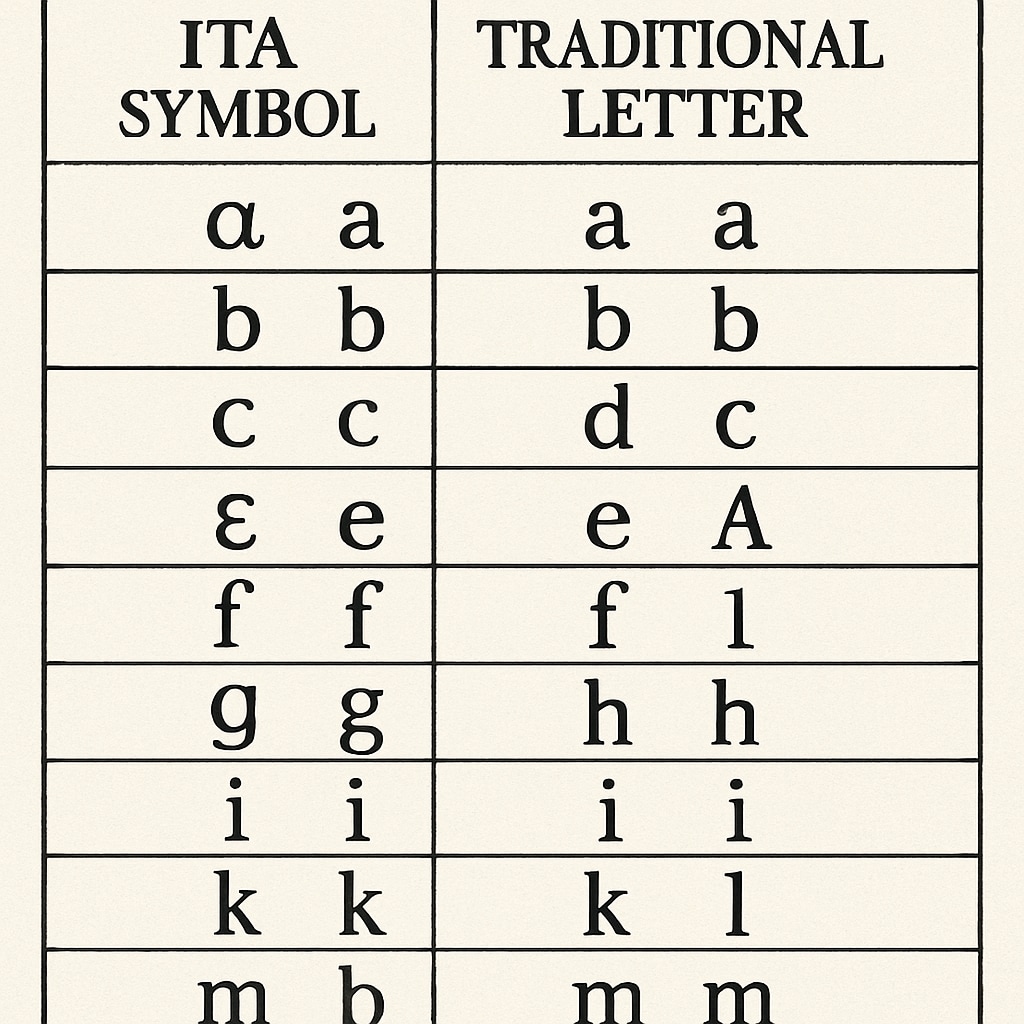 A comparison chart showing ITA symbols alongside their traditional English counterparts. This image visually represents the transition challenges learners faced. Comparison of Initial Teaching Alphabet symbols and standard English spelling.