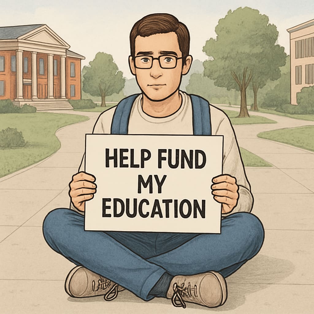 A student seeking crowdfunding support for tuition with a sign referencing education costs.