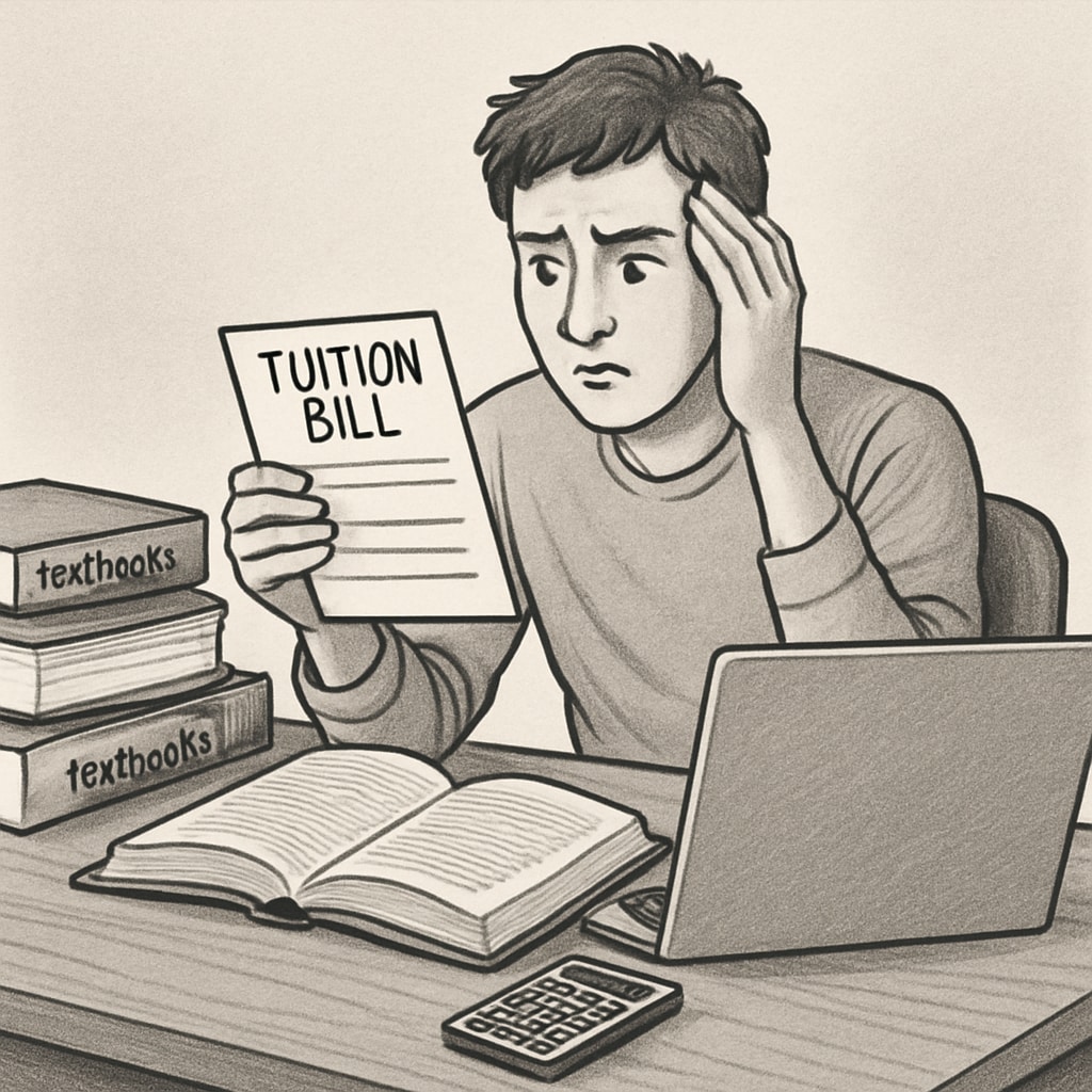 A college student looking at tuition bills with a stressed expression, symbolizing financial challenges in higher education. A college student stressed about tuition challenges and financial burdens.