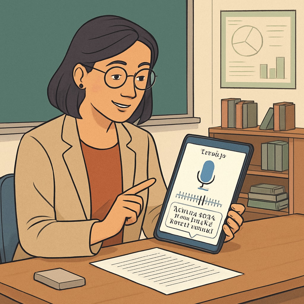 A teacher using a speech-to-text tool on a tablet to provide feedback on a student’s performance. Speech-to-text tool being used by a teacher for educational feedback.