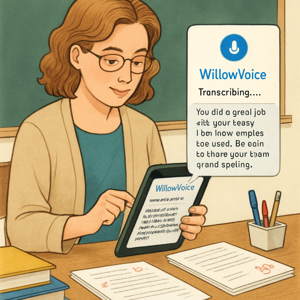 A teacher using WillowVoice on a tablet to transcribe feedback for student assignments. Teacher using WillowVoice for speech-to-text transcription while grading assignments.