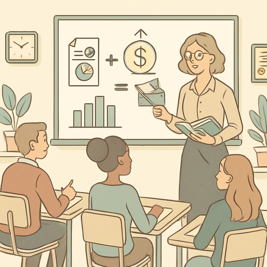 An engaging classroom setting where high school students are learning financial literacy, with a teacher explaining budgeting concepts. High school students in a financial literacy class, learning about budgeting.