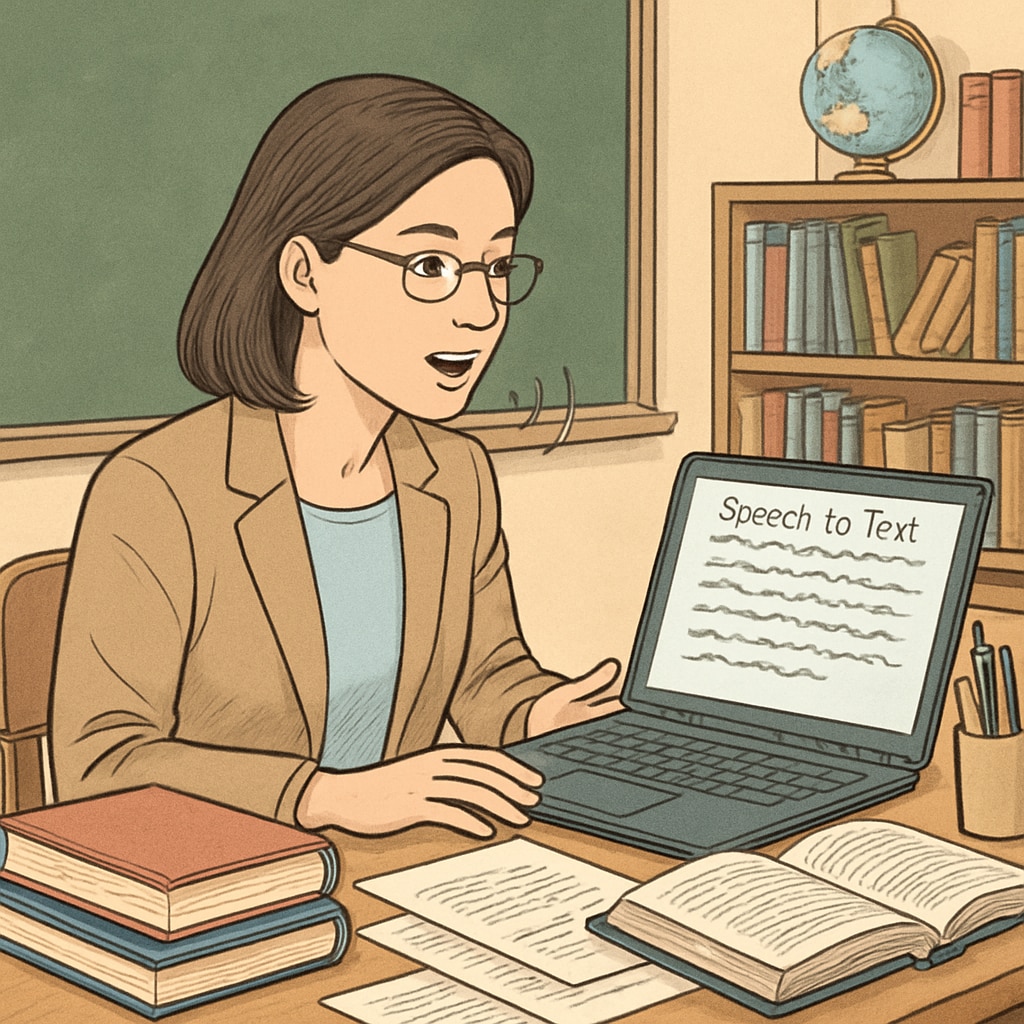 A teacher dictating lesson plans into a laptop with a speech-to-text application in a classroom setting. Speech-to-text technology assisting a teacher in classroom lesson planning.