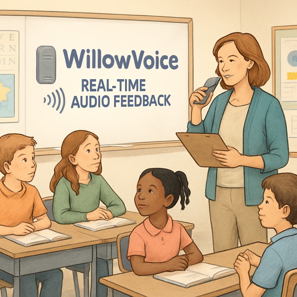 A classroom setting where a teacher is using WillowVoice to provide real-time audio feedback to students. Classroom scene with a teacher leveraging WillowVoice for real-time feedback transcription.