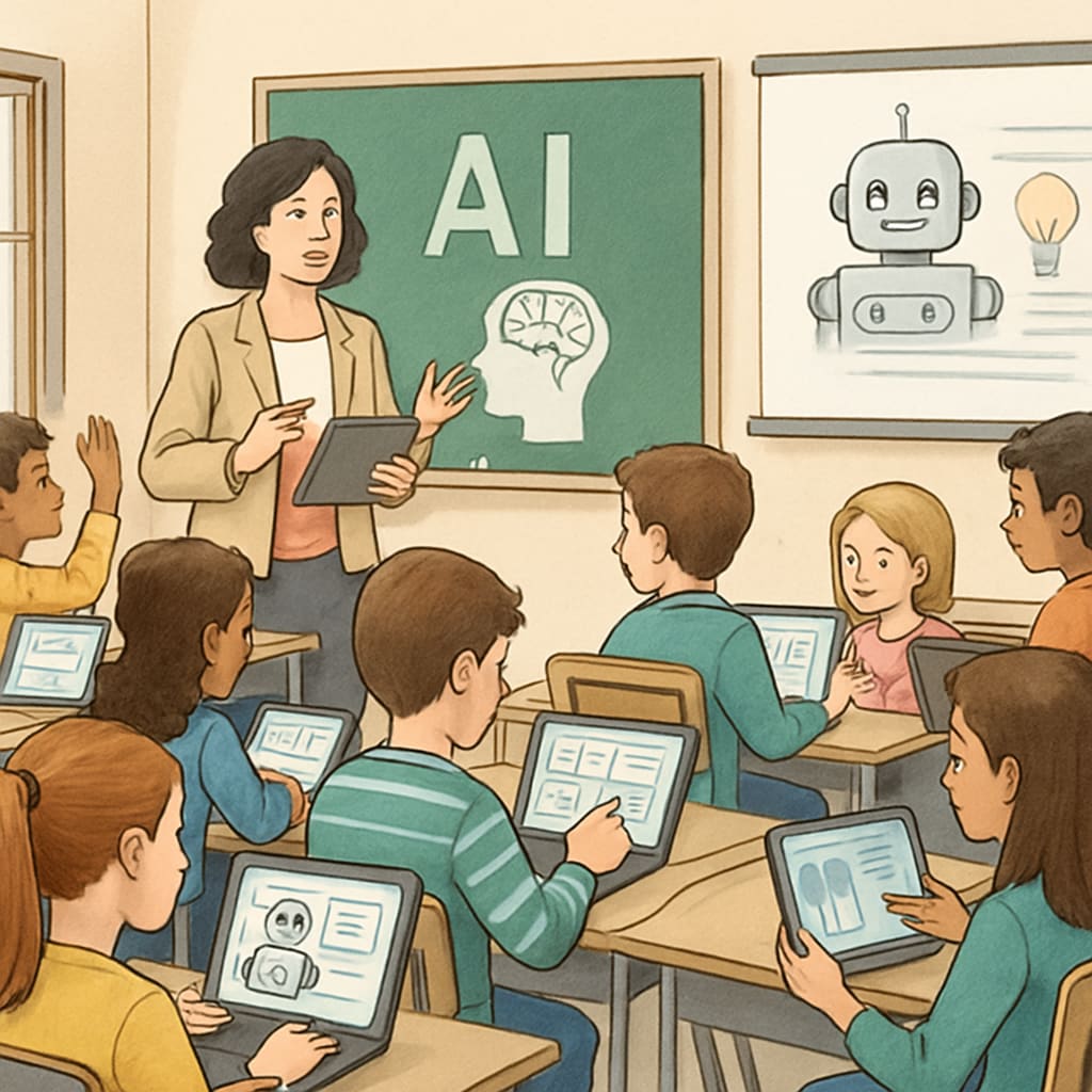 A classroom of students interacting with AI-powered tools, symbolizing modern educational practices. Students using AI-powered tools in a classroom setting for talent evaluation.