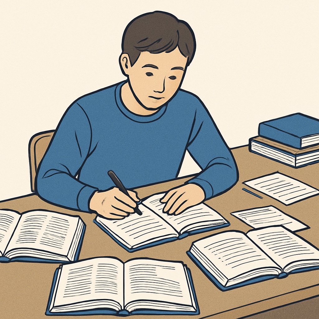 A student preparing for A-level retakes with textbooks and notes.