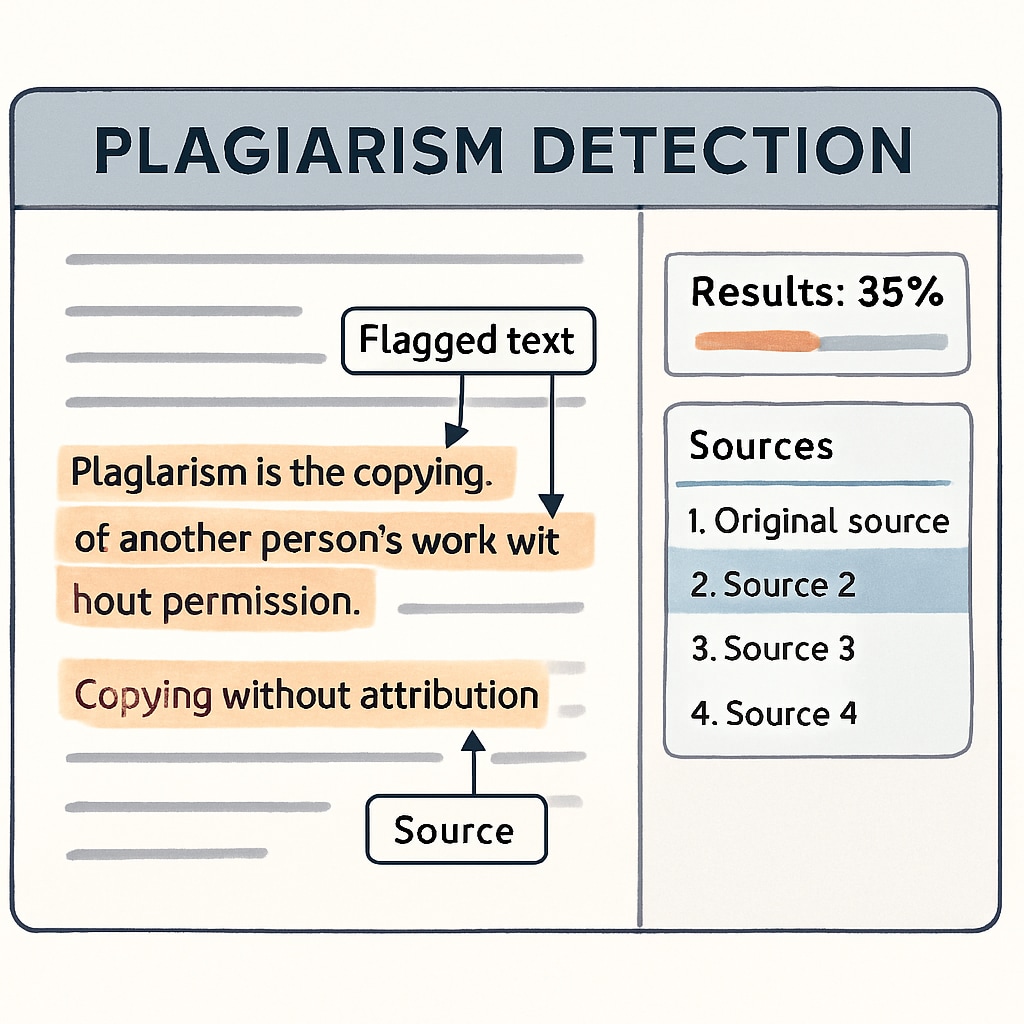 A screenshot of a plagiarism detection software interface showing flagged text. Screenshot of plagiarism detection software interface highlighting potential plagiarism issues.