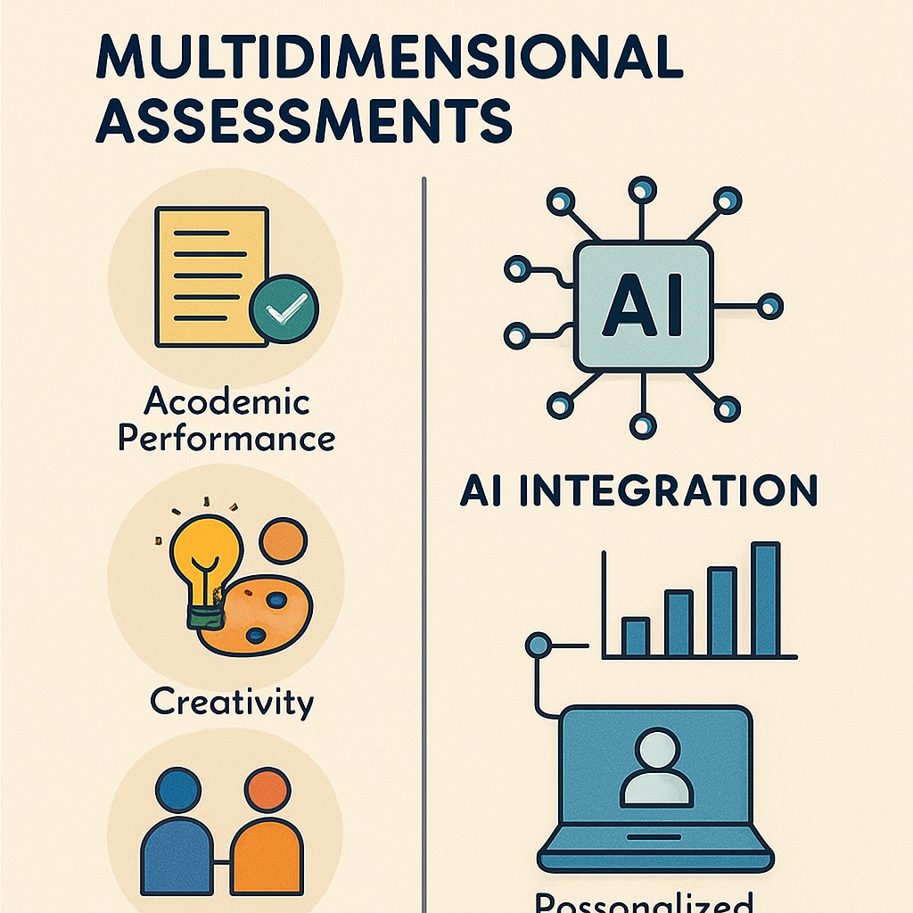 An infographic illustrating key elements of a reformed K-12 talent evaluation system, such as multidimensional assessments and AI integration. Infographic showing AI-driven components of K-12 exam reform.