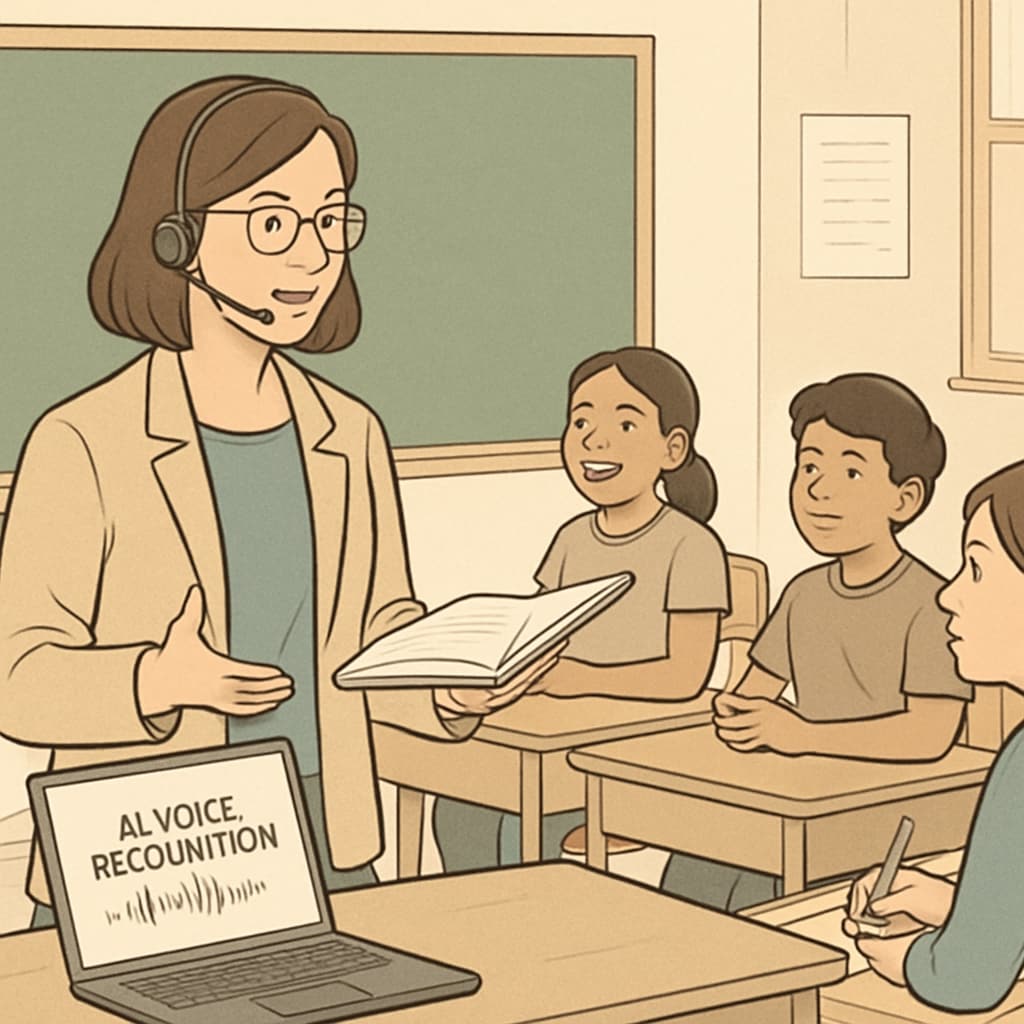 A teacher using AI voice recognition software to transcribe feedback in a classroom setting. Teacher utilizing AI voice recognition software for transcription to improve workflow efficiency.