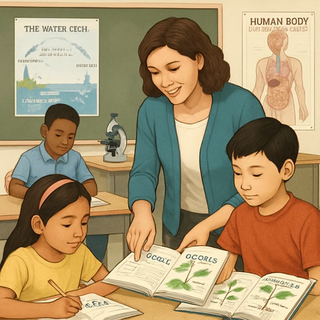 A teacher assisting English learners in a science classroom, with students using bilingual resources to understand scientific concepts. Teacher helping English learners in a science classroom with bilingual resources.