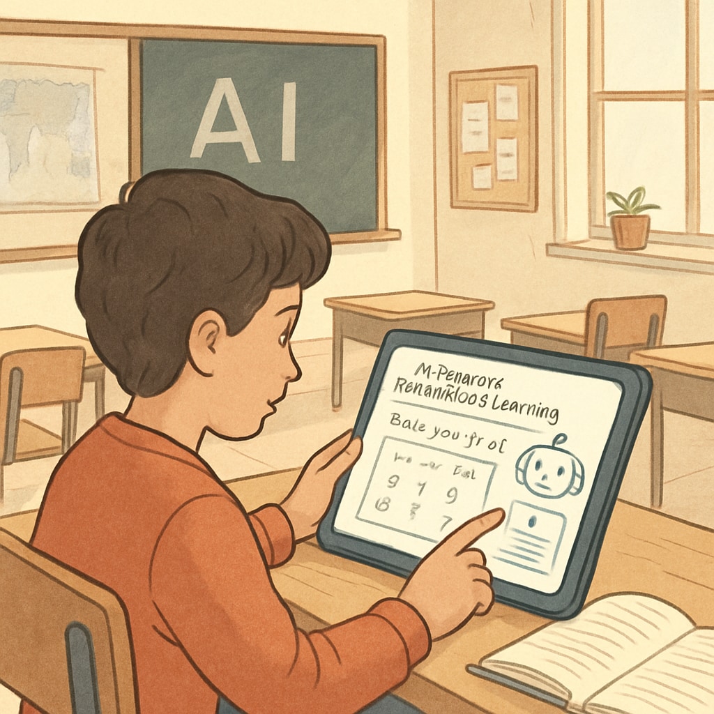 A student using an AI-powered personalized learning platform on a tablet in a classroom. This illustrates the role of AI in adapting to individual learning needs. Student using AI personalized learning platform in classroom