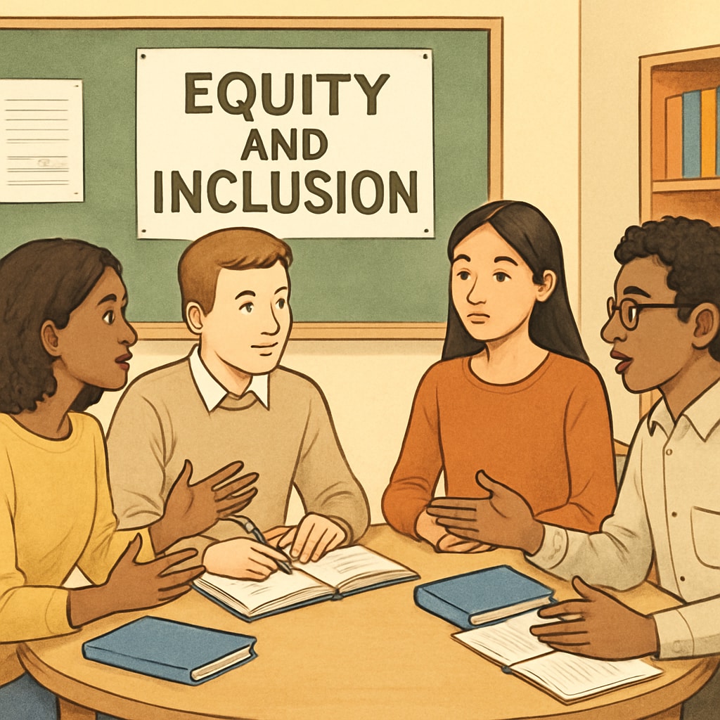 Students participating in a group activity discussing equity and inclusion themes, demonstrating their engagement with wokeness in schools. Students collaborating on a group activity about inclusion and equity in education.