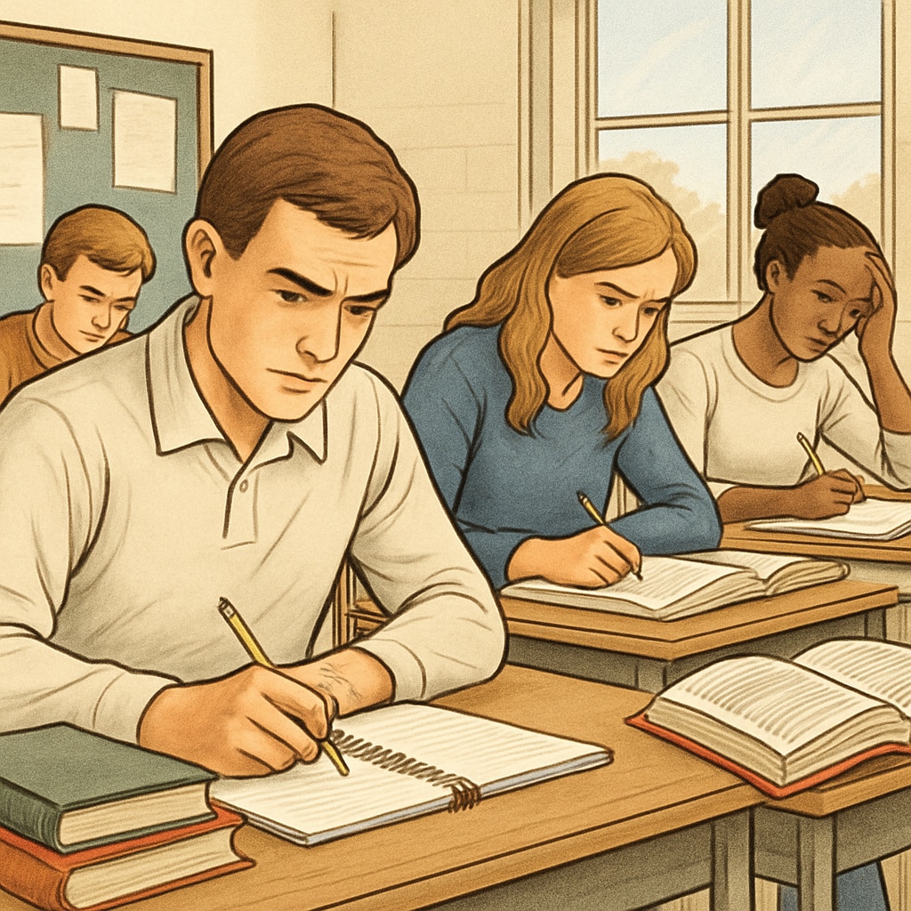 A classroom with students preparing for exams, symbolizing the effort involved in re-sitting exams. Students preparing for exams in a classroom, representing the challenges of re-sitting A-level exams.