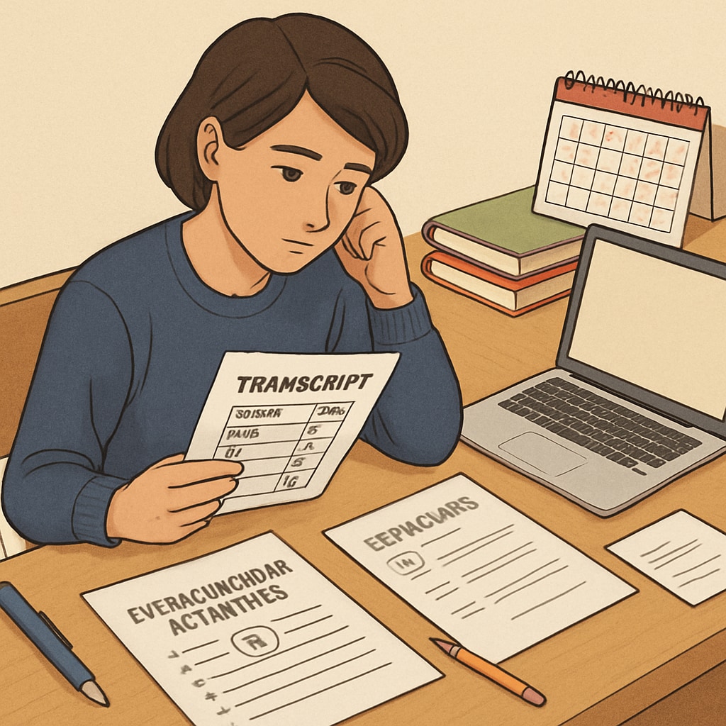 A student reviewing their grades and extracurricular achievements as part of a college application process. Student preparing for Harvard University application review including grades and activities.