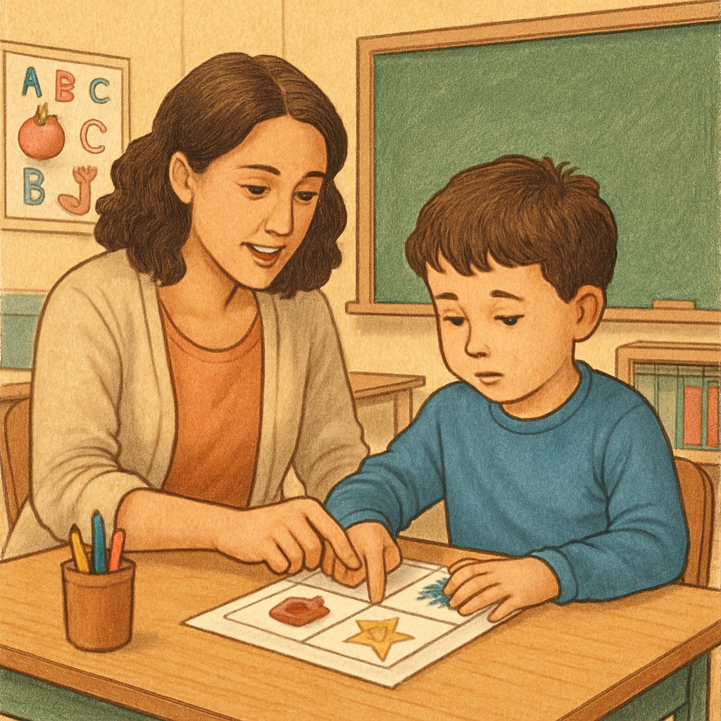 Teaching assistant supporting a child with autism in a classroom setting.