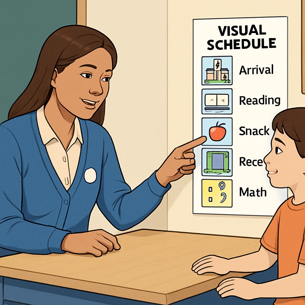 Special education teaching assistant using visual aids with a student with autism.