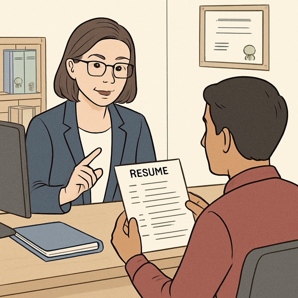 A career advisor reviewing a student's resume in a professional setting, offering valuable feedback. Career advisor helping a student with their resume in Canada.
