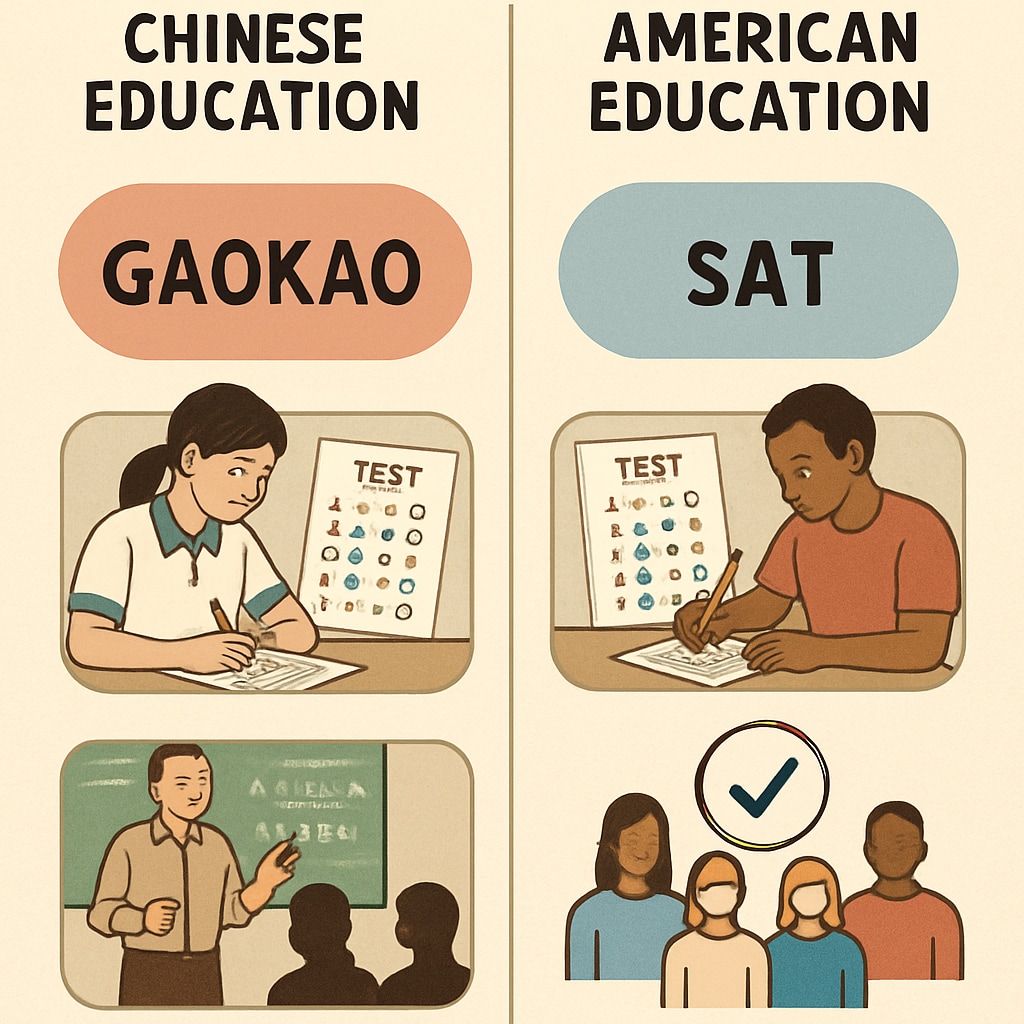 A comparative chart showing key differences between Chinese and American education systems, including standardized testing and equality-focused initiatives. Chart comparing Chinese education's standardized testing focus with American education's equality-oriented initiatives.