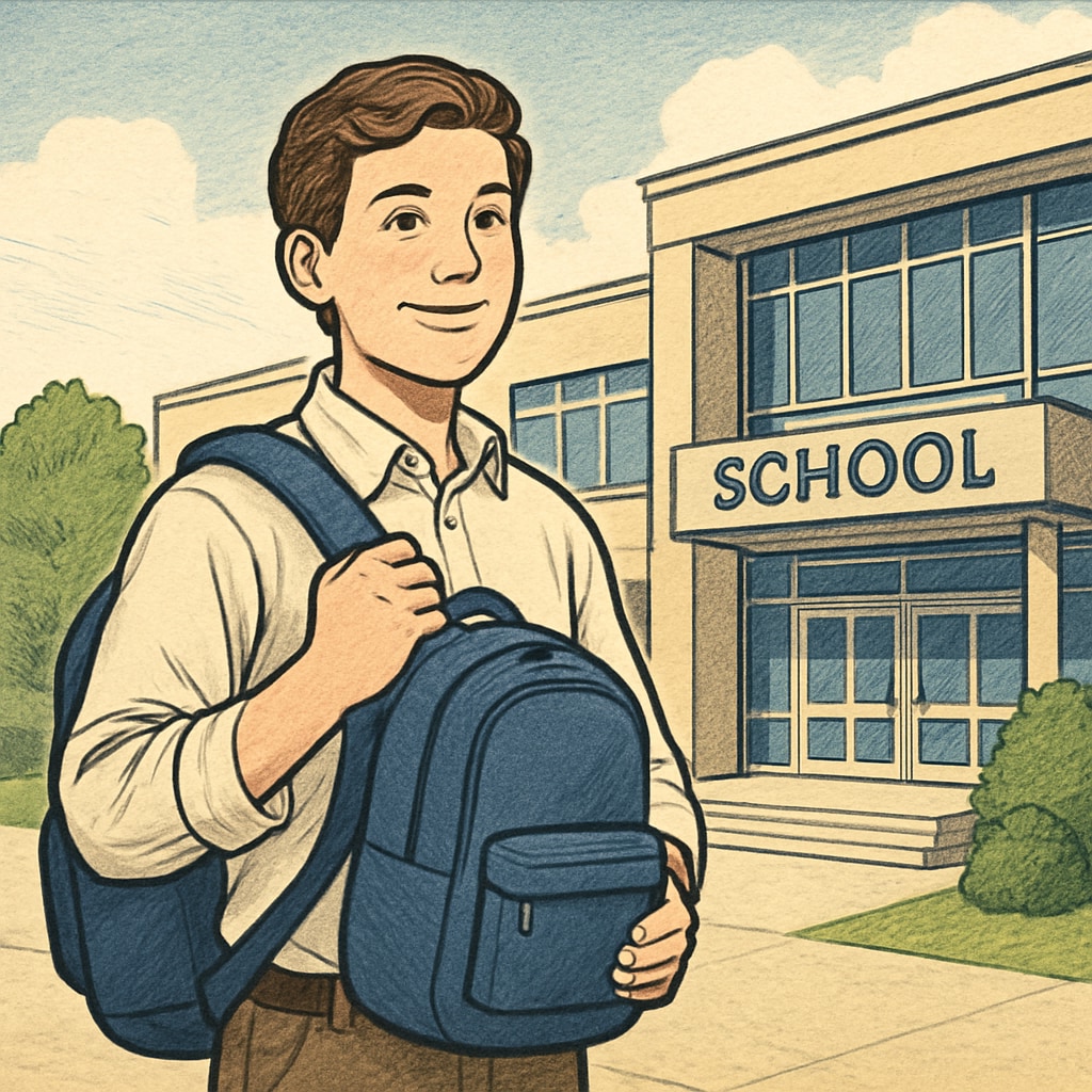 A hopeful student standing outside a new school building after a successful transfer.