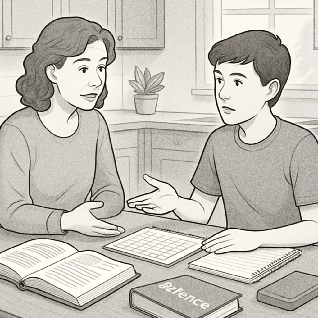 A parent and teenager having a conversation about work schedules at a kitchen table with schoolbooks and a calendar visible. Parent and teenager discussing work and academics.