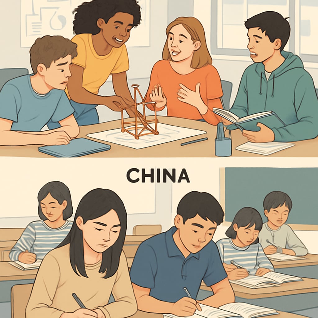 An image of students participating in project-based learning in the U.S., contrasting with a classroom setting in China focused on exam preparation. U.S. students engaged in project-based learning compared to Chinese students preparing for exams.