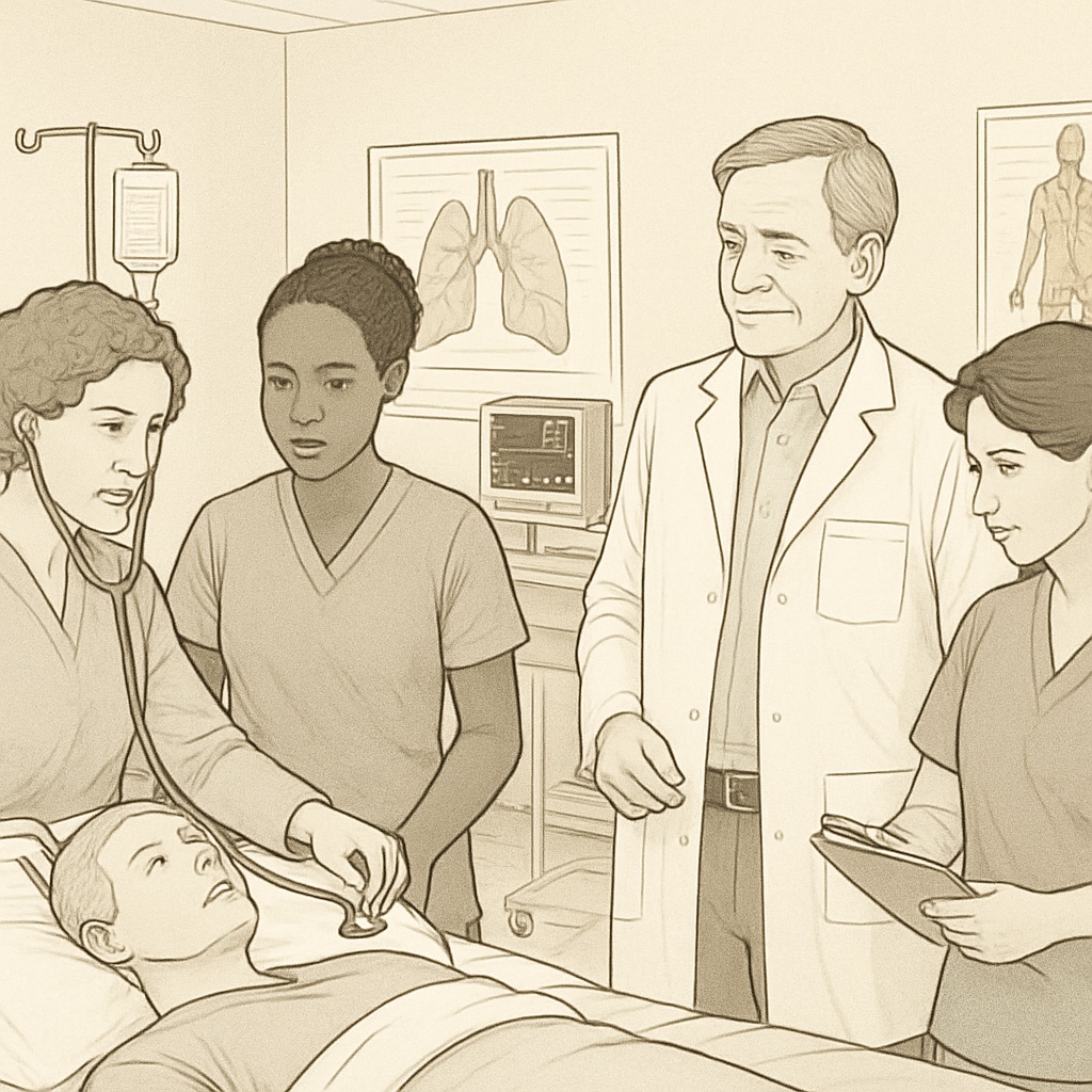 A group of nursing students in a clinical setting with instructors guiding them. Nursing students and instructors in a clinical environment, related to nursing transfer strategies.