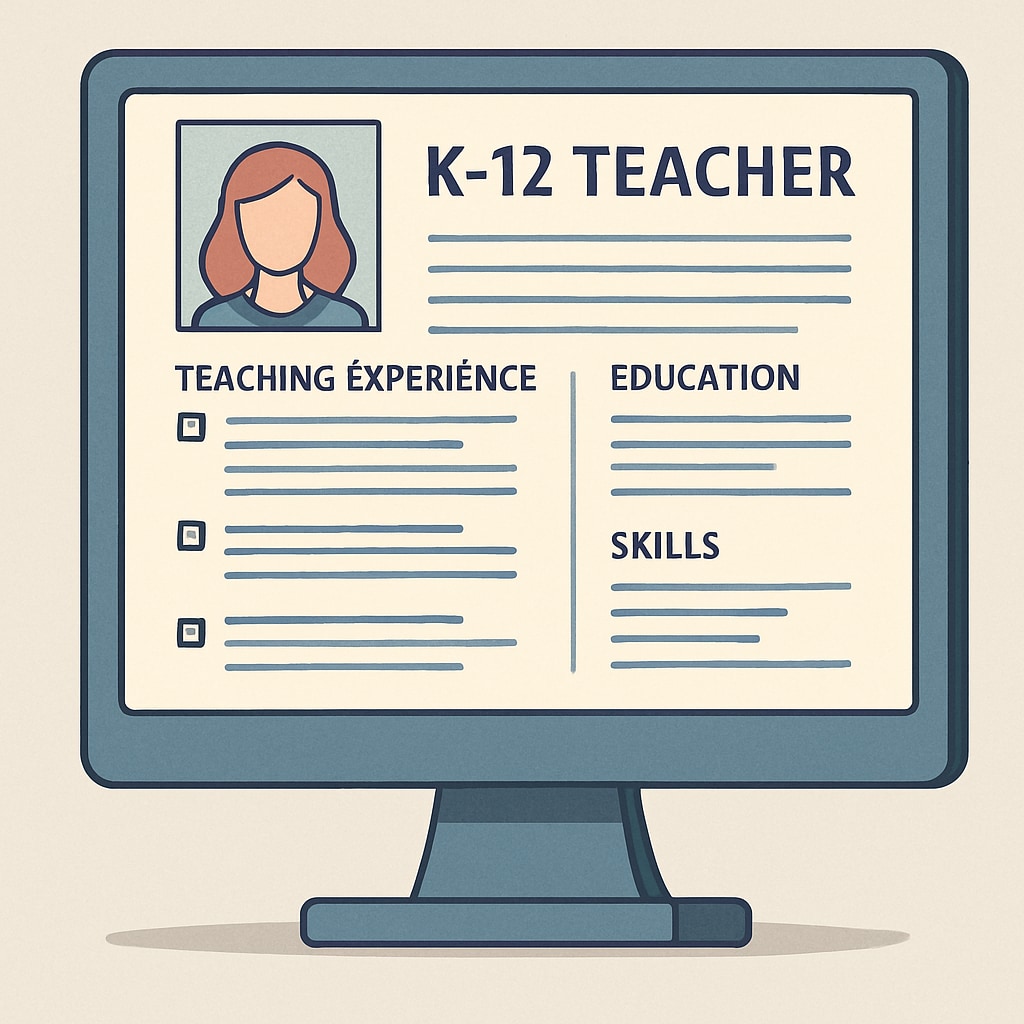 A neatly formatted K12 teacher resume displayed on a computer screen. Example of a professional K12 teacher resume for Canadian jobs.