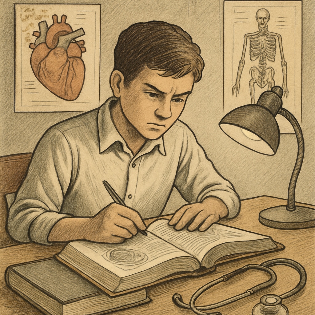 A young student sitting at a desk, looking determined while studying medical textbooks, symbolizing perseverance amidst challenges. Student with learning difficulties studying medical textbooks, showing determination.