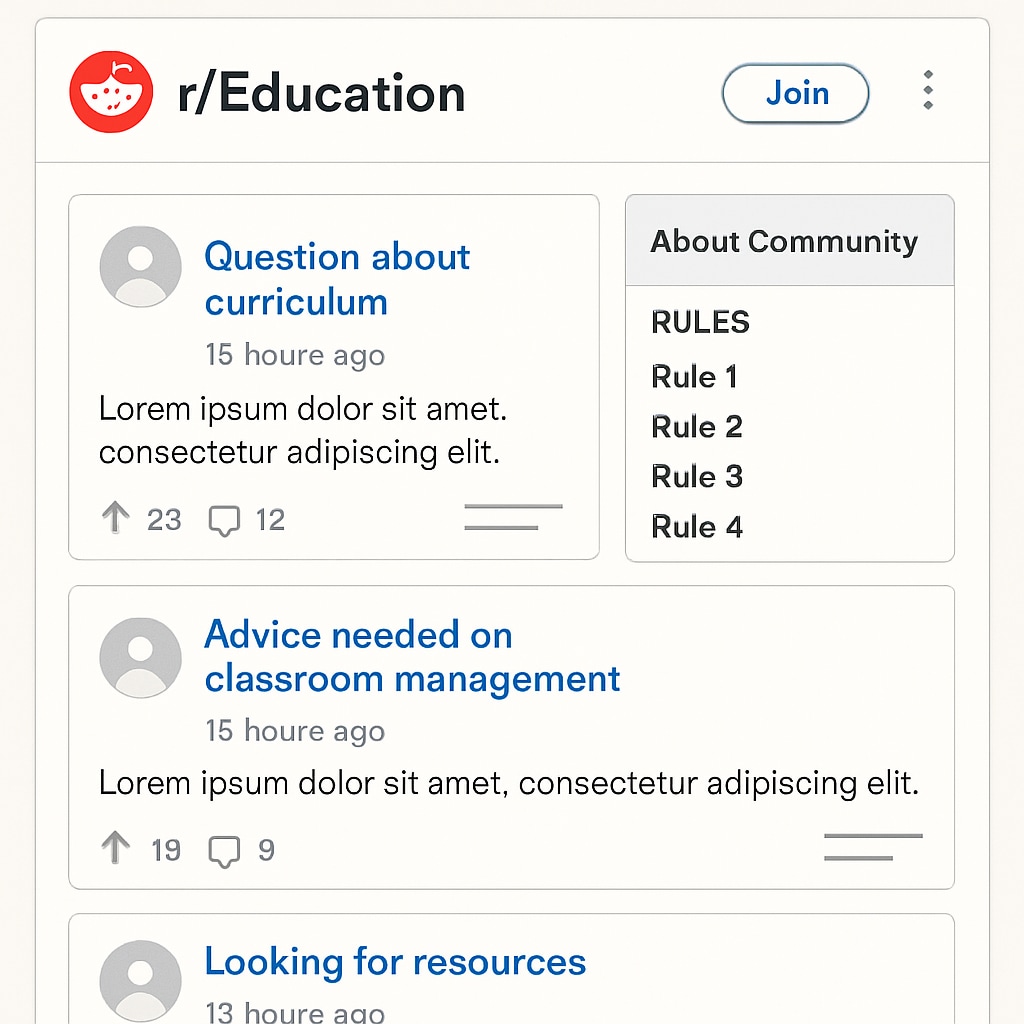 A screenshot of a Reddit education subreddit homepage, showing user discussions and pinned rules. Reddit education subreddit homepage with pinned rules and user discussions.