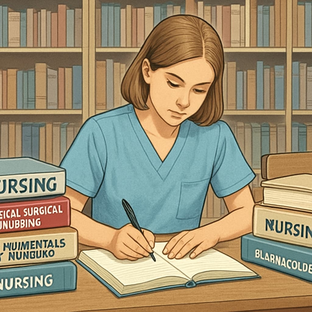 A student studying nursing textbooks and taking notes in a library. A nursing student studying in a library, reflecting academic preparation for transfer.