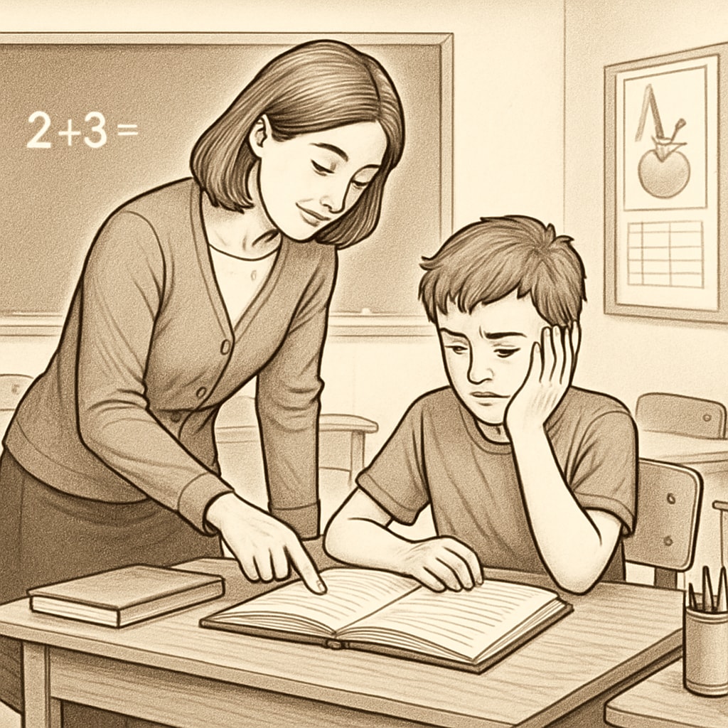 A classroom setting where a teacher is guiding a student with learning difficulties using individualized teaching methods, showcasing inclusivity in education. Teacher guiding a student with learning difficulties in a classroom setting.
