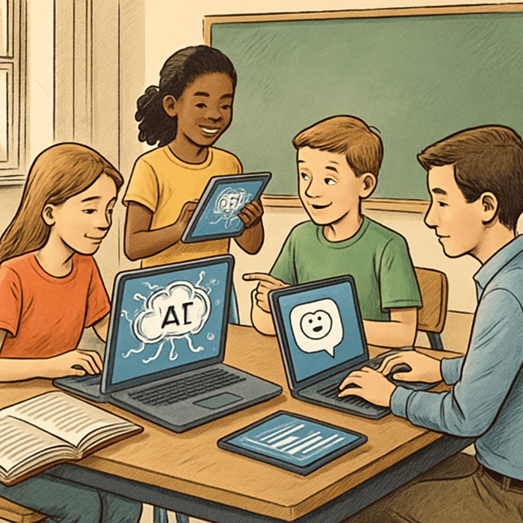 A classroom setting where students are using AI tools for collaborative learning, emphasizing the integration of technology in education. Students using AI tools in a classroom to enhance collaborative learning, showcasing AI-driven education reform.