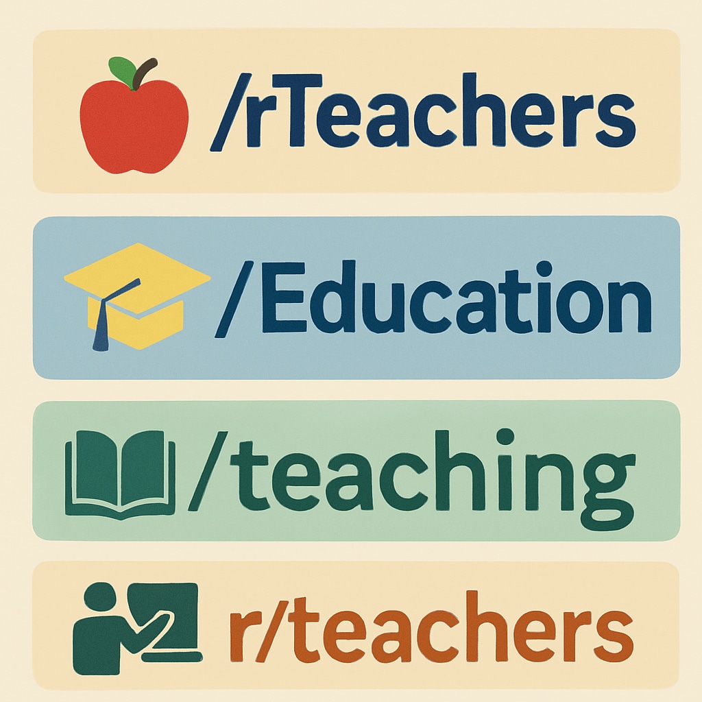 A collage showcasing logos or banners from popular education subreddits like r/Teachers and r/Education. Logos and banners of top education subreddits like r/Teachers and r/Education.