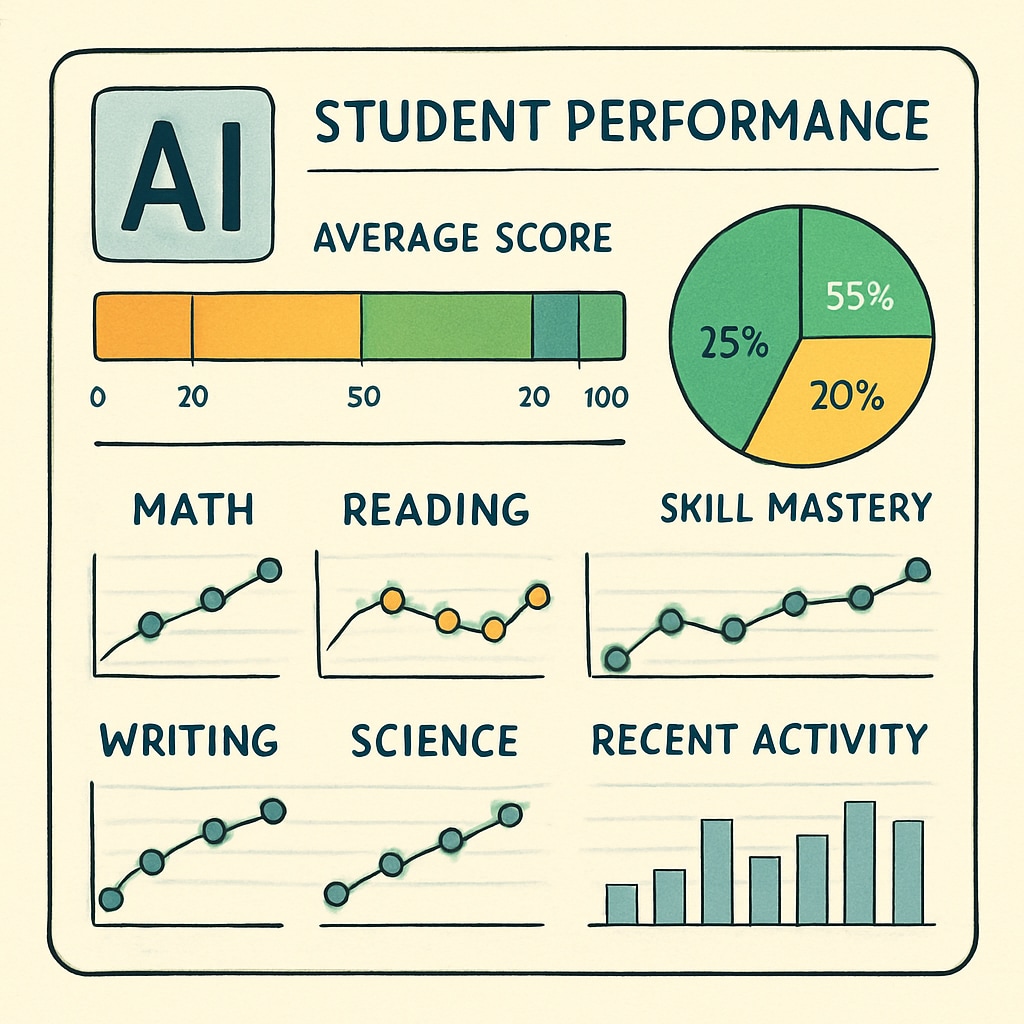 An AI-powered dashboard displaying student performance metrics in various skill areas, illustrating the potential of AI-driven assessments. AI dashboard showing student performance metrics in creativity, emotional intelligence, and adaptability.