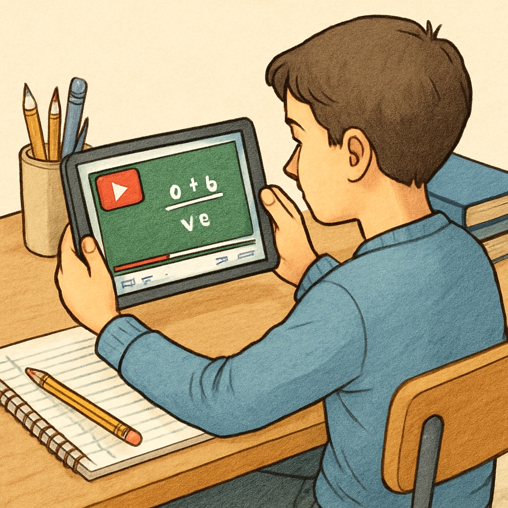 A student using a tablet or phone to access a YouTube math tutorial, highlighting the role of technology in learning. Student using a device to watch a YouTube math tutorial, emphasizing online learning resources.