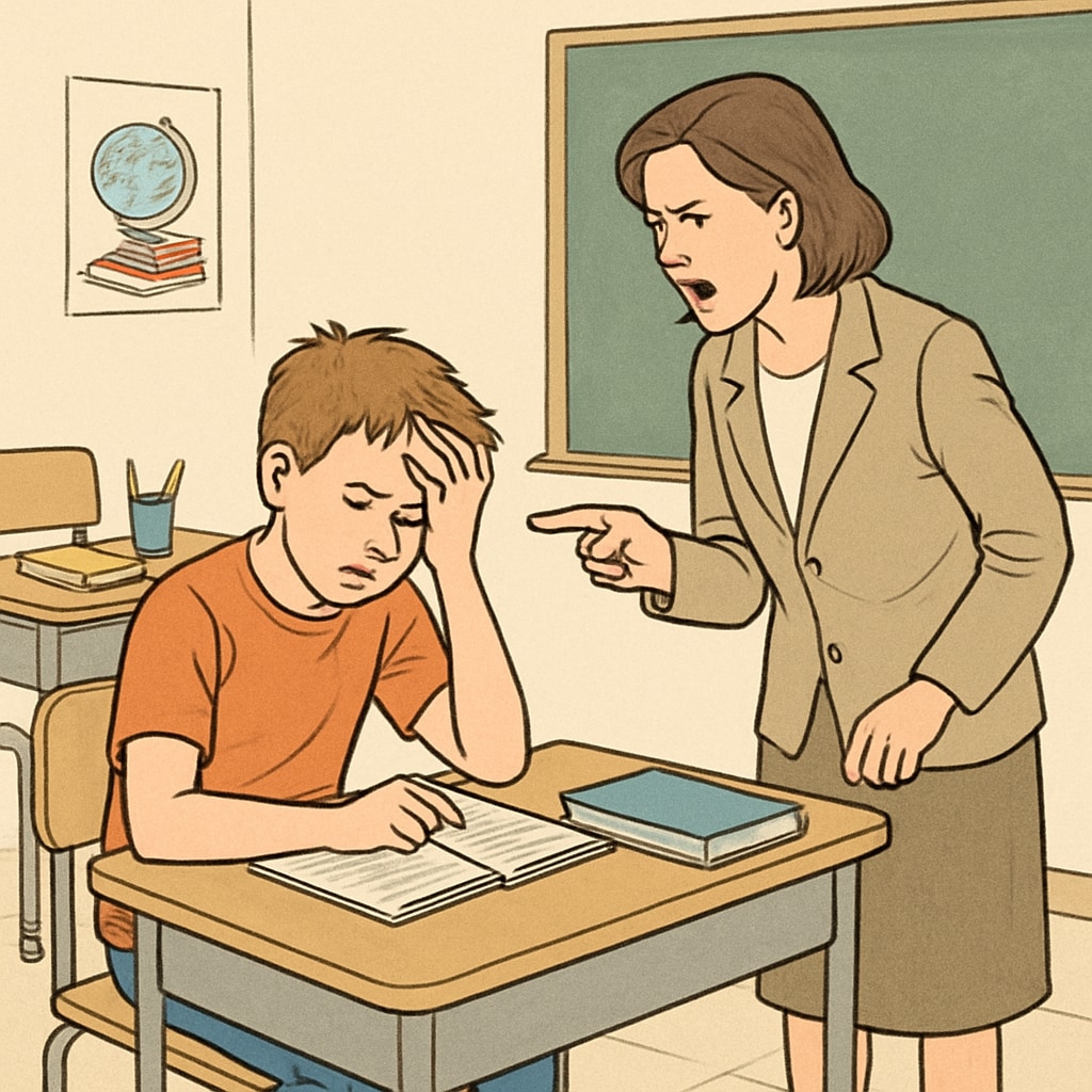 A frustrated student being reprimanded by a teacher in a classroom. Student facing plagiarism accusation, academic dishonesty in K12.