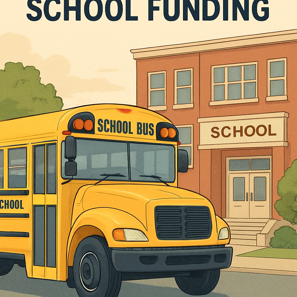 A school bus parked outside a school, representing the role of transportation funding in education budgets. School bus and its connection to per-student spending in education budgets.