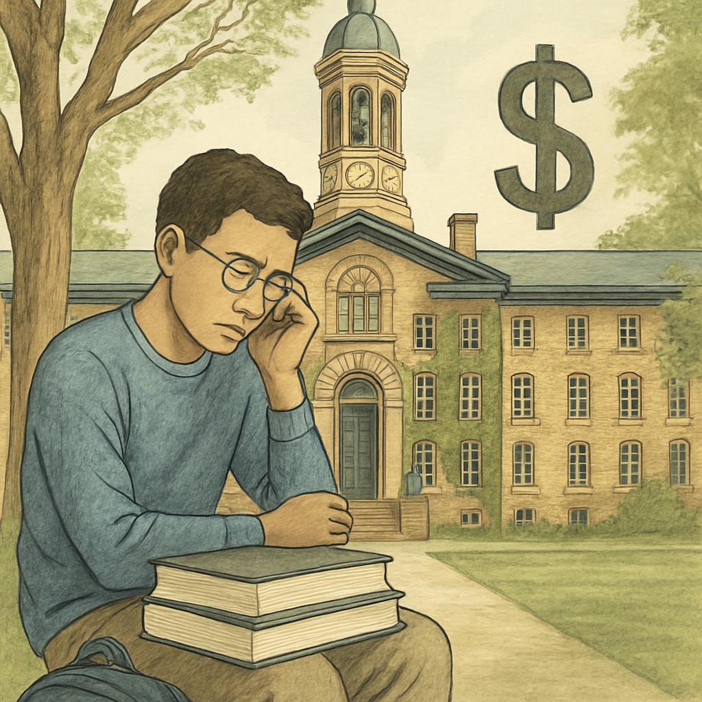 A student sitting in front of Princeton University's iconic Nassau Hall, symbolizing the challenges and costs of elite education. Princeton University student reflecting on Ivy League education costs.