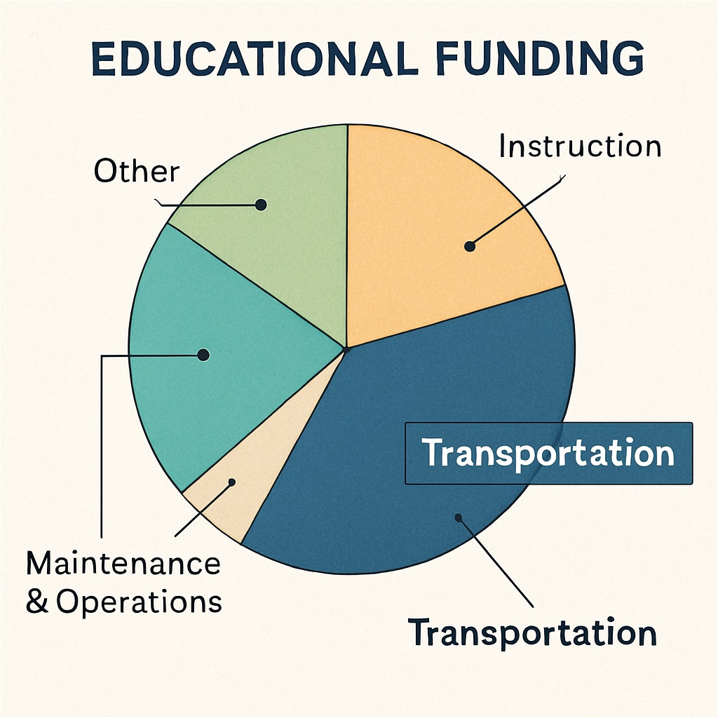 A chart illustrating the breakdown of educational funding into various categories, highlighting transportation costs. Chart showing how transportation costs impact per-student spending statistics.